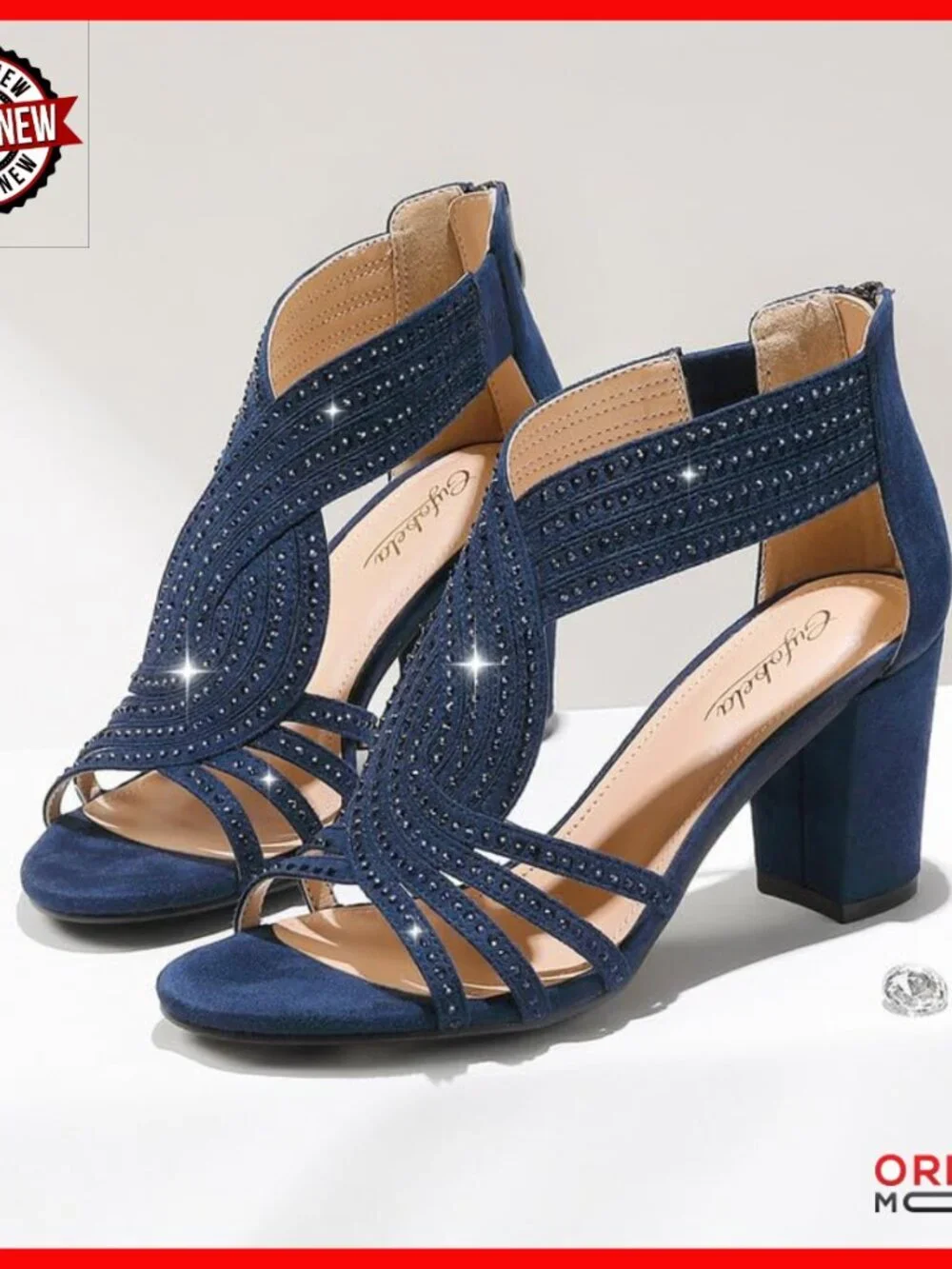 Rhinestone Sparkly Chunky Block Heel Sandals Open Toe Dressy Shoes Zipper